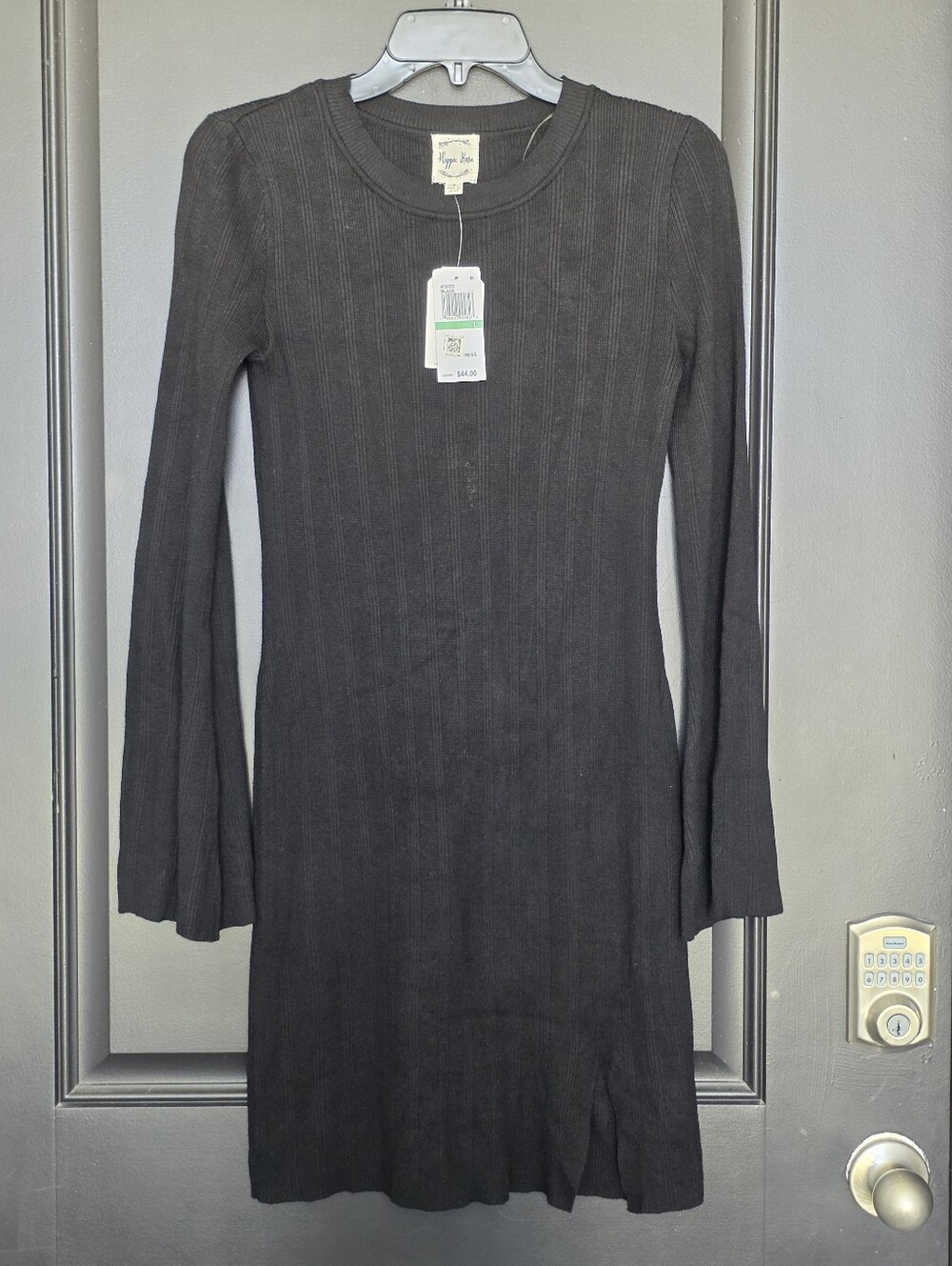 NWT Hippie Rose Black Ribbed Knit Long Sleeve Sweater Dress Size L Bell Sleeves